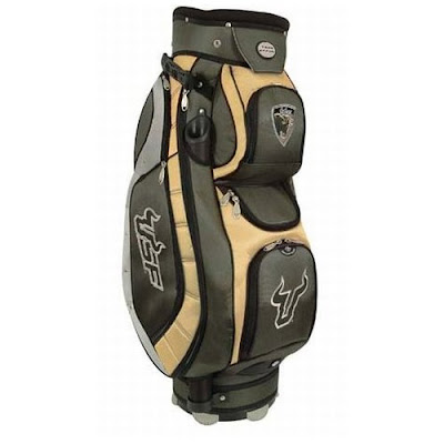 University of South Florida (USF) Bulls golf bag colored green, gold, and black.