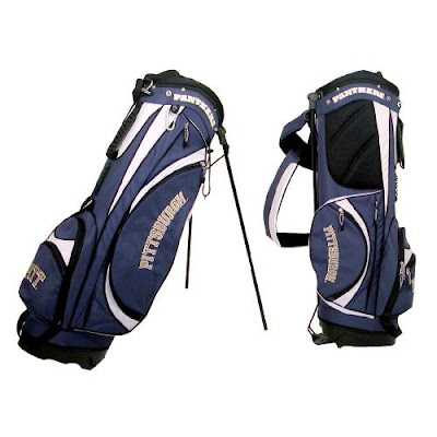 University of Pittsburgh (Pitt) Panthers golf bag colored blue, gold, and white.