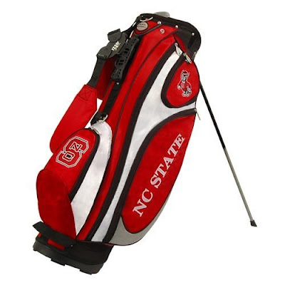 North Carolina (NC) State University golf bag colored white, black, and red.
