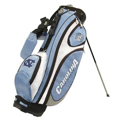 University of North Carolina (UNC) Tar Heels golf bag colored Carolina blue, baby blue, white, and black.