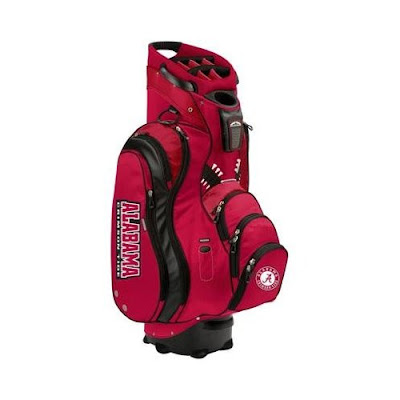 University of Alabama Crimson Tide golf bag. Red Bama golf bag for golf carts standing upright.