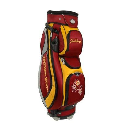 Arizona State University (ASU) Sun Devils golf bag colored maroon, red, gold, and yellow.