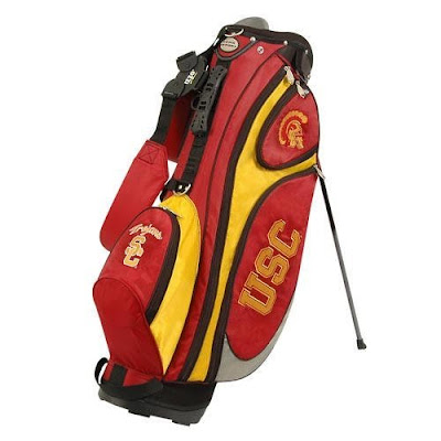 Southern Cal (USC) Trojans golf bag colored cardinal, red, gold, and yellow.
