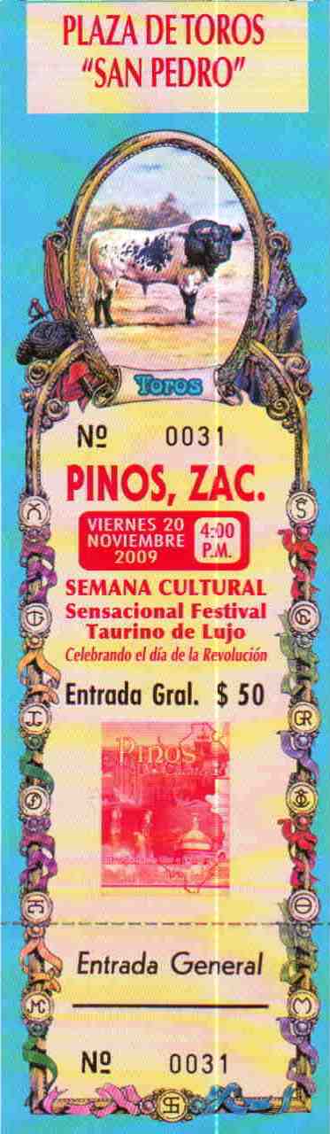 Boleto de Entrada a Pinos, Zac., el 20/Nov/2010: