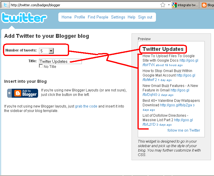 Twitter Tweets Badge for blogger