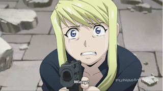 Winry holds Scar at gunpoint