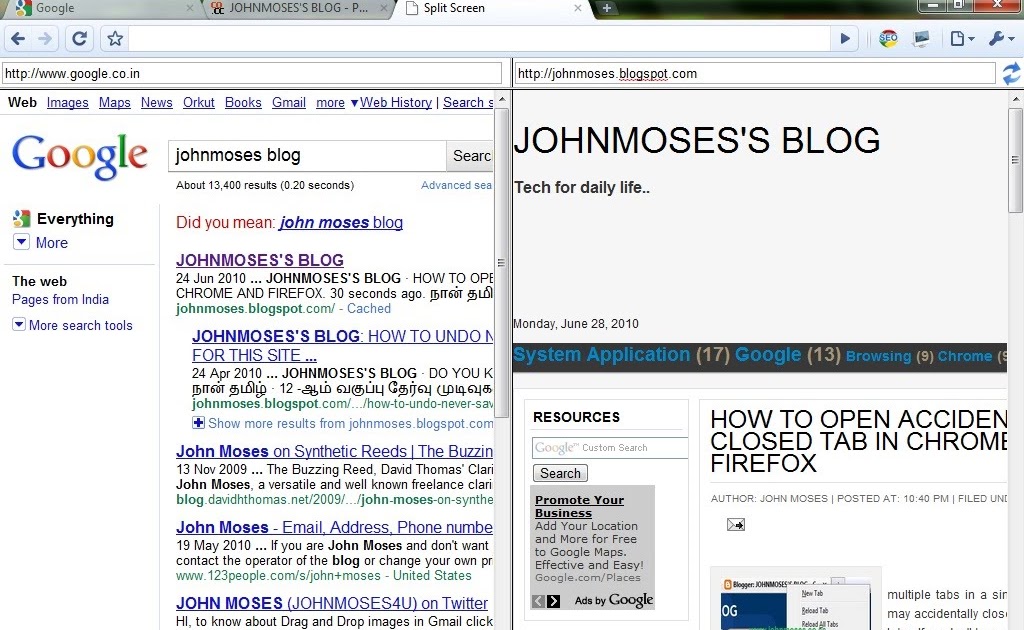 JOHNMOSES'S BLOG USE CHROME'S SPLIT SCREEN EXTENSION TO OPEN TWO PAGES IN A TAB