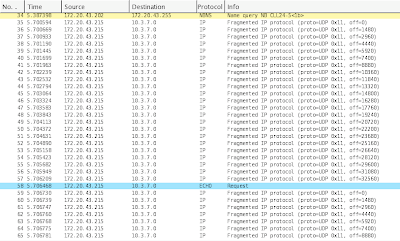 screenshot de wireshark que describe la fragmentacion de IP de los paquetes cuando se invia un texto muy largo