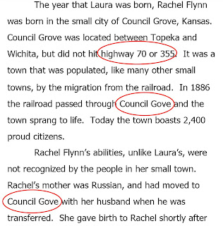 The year that Laura was born, Rachel Flynn was born in the small city of Council Grove, Kansas. Council Grove was located between Topeka and Wichita, but did not hit highway 70 or 355. It was a town that was populated, like many other small towns, by the migration from the railroad. In 1886 the railroad passed through Council Gove and the town sprang to life. Today the town boasts 2,400 proud citizens. <br />Rachel Flynn's abilities, unlike Laura's, were not recognized by the people in her small town. Rachel's mother was Russian, and had moved to Council Gove with her husband when he was transferred. She gave birth to Rachel shortly after