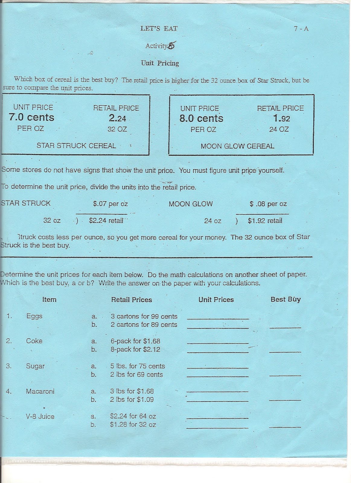 worksheet Calculating Unit Price Worksheets lets eat read the instructions explaining how to calculate unit prices on pricing instruction sheet then work problems see which is best deal