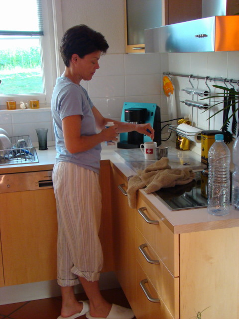 Mom Dog making coffee