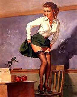 Sexy teacher showing tops of her garters, retro pencil drawn image