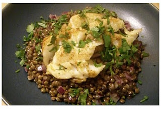 roasted cod on spiced puy lentils