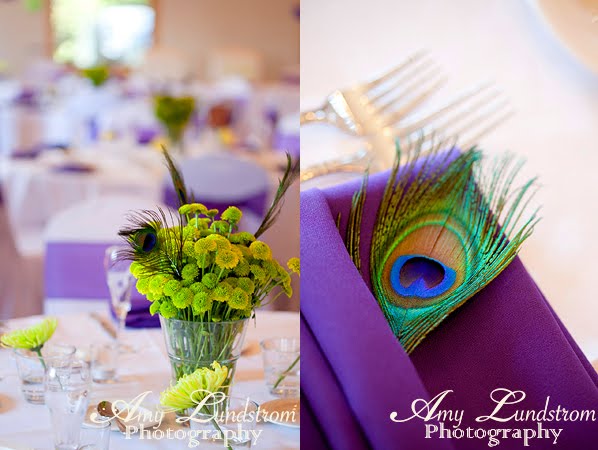 Purple and Green Wedding Theme Peacock Feather Bouquet and Boutiniers 