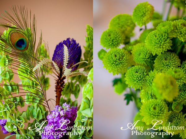 Purple and Green Wedding Theme Peacock Feather Bouquet and Boutiniers 