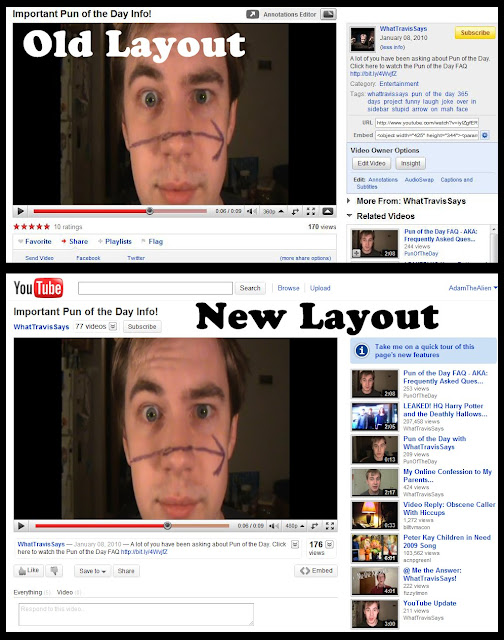 A comparison of the old layout, including the traditional sidebar (above), and the new layout (below).