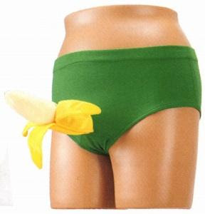 a man wearing green briefs that have a 3d banana on the front