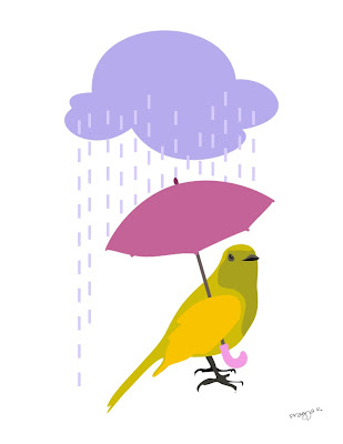 Bright and colorful birds, Birdscape, umbrella Bird art of the day, bird in the rain with a tiny umbrella, bird art