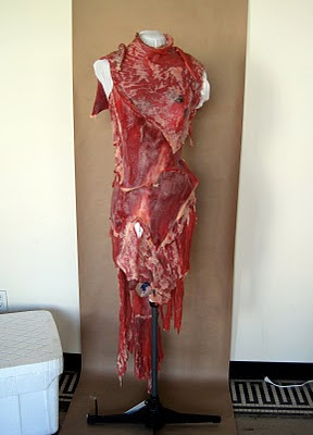 Here Gaga poses in a raw meat b...