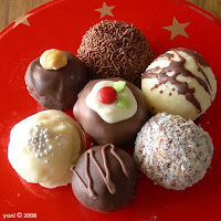 the finished products: from the top, going clockwise... rum balls, peppermint ice balls, chocolate balls, sherry truffles, brandy apricot truffles, hazelnut delight and in the centre, chocolate puddings the finished products: from the top, going clockwise... rum balls, peppermint ice balls, chocolate balls, sherry truffles, brandy apricot truffles, hazelnut delight and in the centre, chocolate puddings