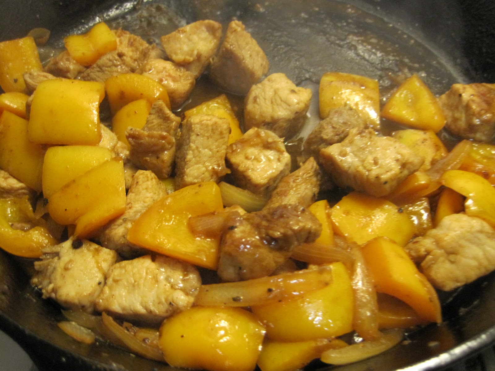 Adventures in Cookery StirFried Pork Loin cubes with Balsamic vinegar