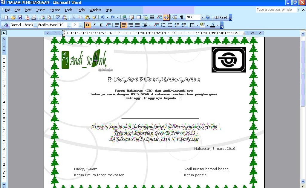 SMAN 4 Makassar membuat piagam penghargaan di ms word 2003