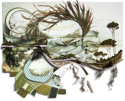 Gregory Euclide - Produced within the layers of viewing's making - acrylic, buckthorn, root, cedar, found foam, insulation foam, moss, palm, paper, pencil, photo transfer, satin ribbons, sedum, sponge (framed with pushed acrylic) - 23x29x4 in - 2009