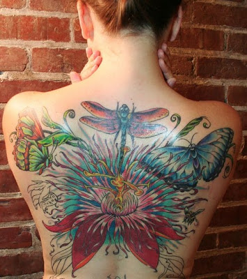 Combination of Perfect Flower, Butterfly, Dragonfly and Honey Bee Tattoos 