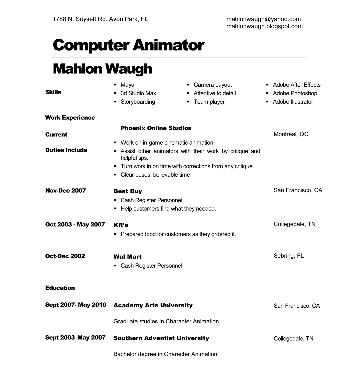 Computer animator resume