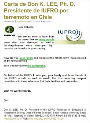 Letter from Dr. Don K Lee, IUFRO President, on Chile Earthquake / Carta del Dr. Don K Lee, Presidente de IUFRO, sobre el terremoto de Chile
