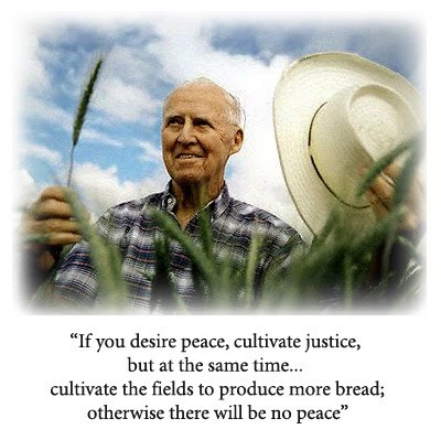 Therefore I feel that the aforementioned guiding principle must be modified to read: If you desire peace, cultivate justice, but at the same time cultivate the fields to produce more bread; otherwise there will be no peace. Norman Borlaug (1914-2009) The Man who Fed the World / Norman Ernest Borlaug (March 25, 1914 – September 12, 2009). American agronomist, humanitarian, and Nobel laureate, and has been called the father of the Green Revolution. Nobel Peace Prize, Presidential Medal of Freedom, Congressional Gold Medal, recipient of the Padma Vibhushan, India's second-highest civilian honor. Borlaug's discoveries have been estimated to have saved over 245 million lives worldwide.