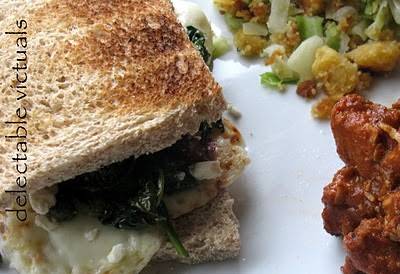 Wilted Spinach Sandwich, Cabbage Paruppusili, Spicy Chicken