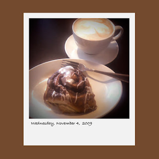 iPhone polaroid, breakfast, latte coffee, cinnamon roll
