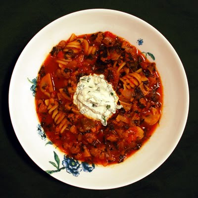 Lasagna Soup with Basil Ricotta Crème