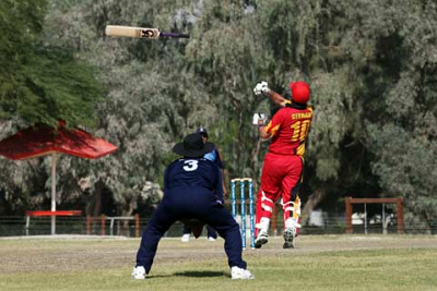 Khalid Thomas Butt loses grip of his bat, Kuwait v Germany, Final, ICC World Cricket League Div 8 2010/11