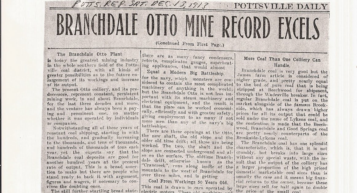 Coal Region History Chronicles THE OTTO COLLIERY BRANCHDALE 1913