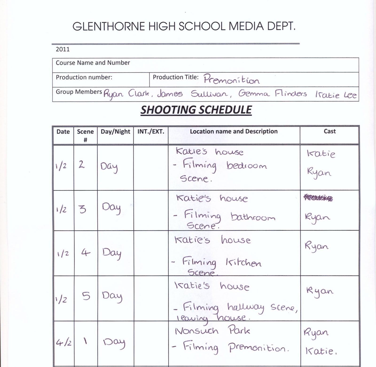 shooting schedule
