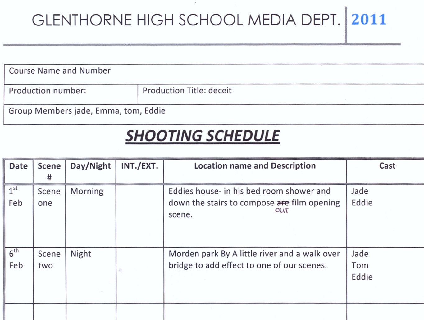 holt shooting schedule deceit film shooting schedule template