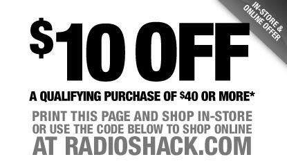 Like RadioShack coupons? Try these... Just found this coupon for Radio Shack stores. This coupon is good for $10 off your purchase of $40 or more in store! Now this a hot coupon deal that is only valid today, so grab this coupon and head right out to your local Radio Shack!