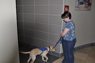 Bob and I standing outside the women's bathroom, he's standing up facing me and I'm trying to situate his leash.