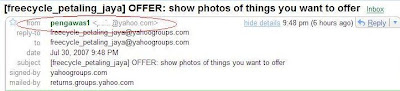 Freecycle Petaling Jaya Yahoo group reply to author when receiving messages by individual email or obtained a special notice from moderators or group owners