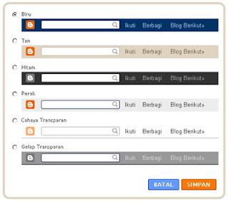 CDATA[
4. masukkan kode dibawah ini setelah kode diatas :
#navbar-iframe{opacity:0.0; filter:alpha(Opacity=0)}
#navbar-iframe:hover{opacity:1.0; filter:alpha(Opacity=100,FinishedOpacity=100)}
5. Simpan dan Selesai lihatlah hasilnya..
Beberapa pilihan tampilan Navbar Blogger :
![