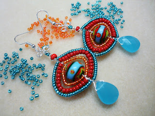 #GBER152 = SUMMER WISH Beaded Earrings - Bold and Striking, This pair of Earrings will surely turn curious heads ! Made of securely wirewrapped Seed Beads &amp; Chalcedony Blue Glass Teardrop Beads with  Non tarnish Silver Artistic Beading Wire ~ Price = US$18.50 (S25)