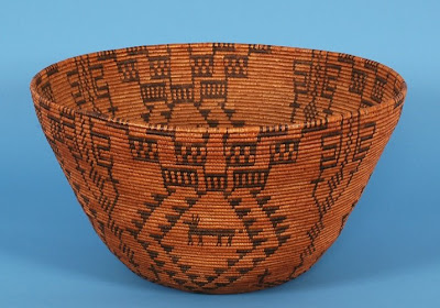 Huge Western Apache Gathering Basket ca. 1900 with 32 Stacked Figures, 20 Crosses and 4 Deer in a Complex Checkered Diamond Cross Pattern 20