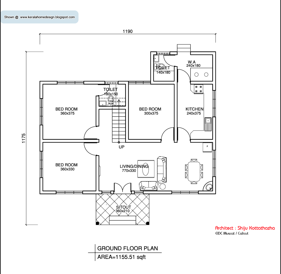 Kerala style single floor house plan - 1155 Sq. Ft. | home appliance