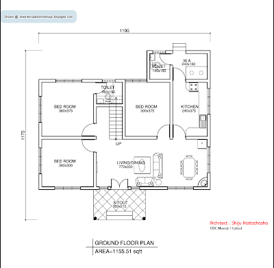  floor house plan - 1155 Sq. Ft. - Kerala home design and floor plans