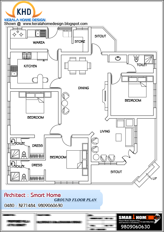 Single Floor House Plan and Elevation - 1680 Sq. ft | home appliance