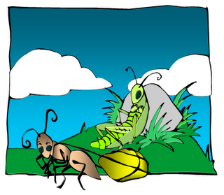 an ant is working hard while a grasshopper is relaxing against a rock, watching