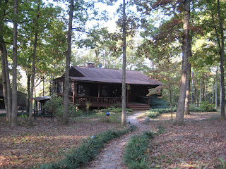 photo of the front of the house after the trees were trimmed up - brick walkway leading down to a log house