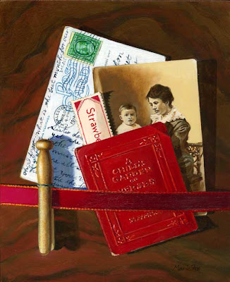 Trompe l'Oeil Painting: Old photo, original oil painting, A Child's Garden of Verses, clothespin, old vintage postcards, fool the eye art